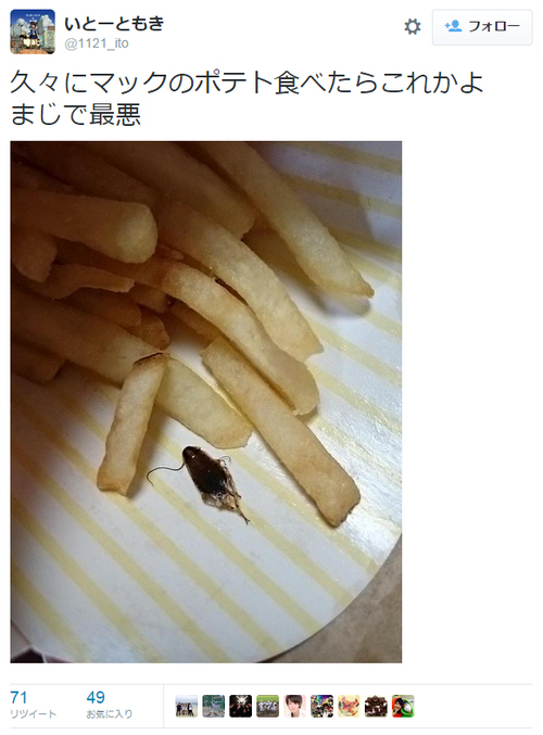 マクドナルドのポテトにゴキブリ